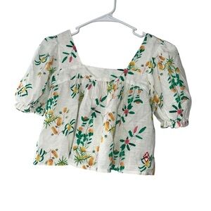 The animals observatory girls white floral Puff Sleeve crop Top linen blend 12